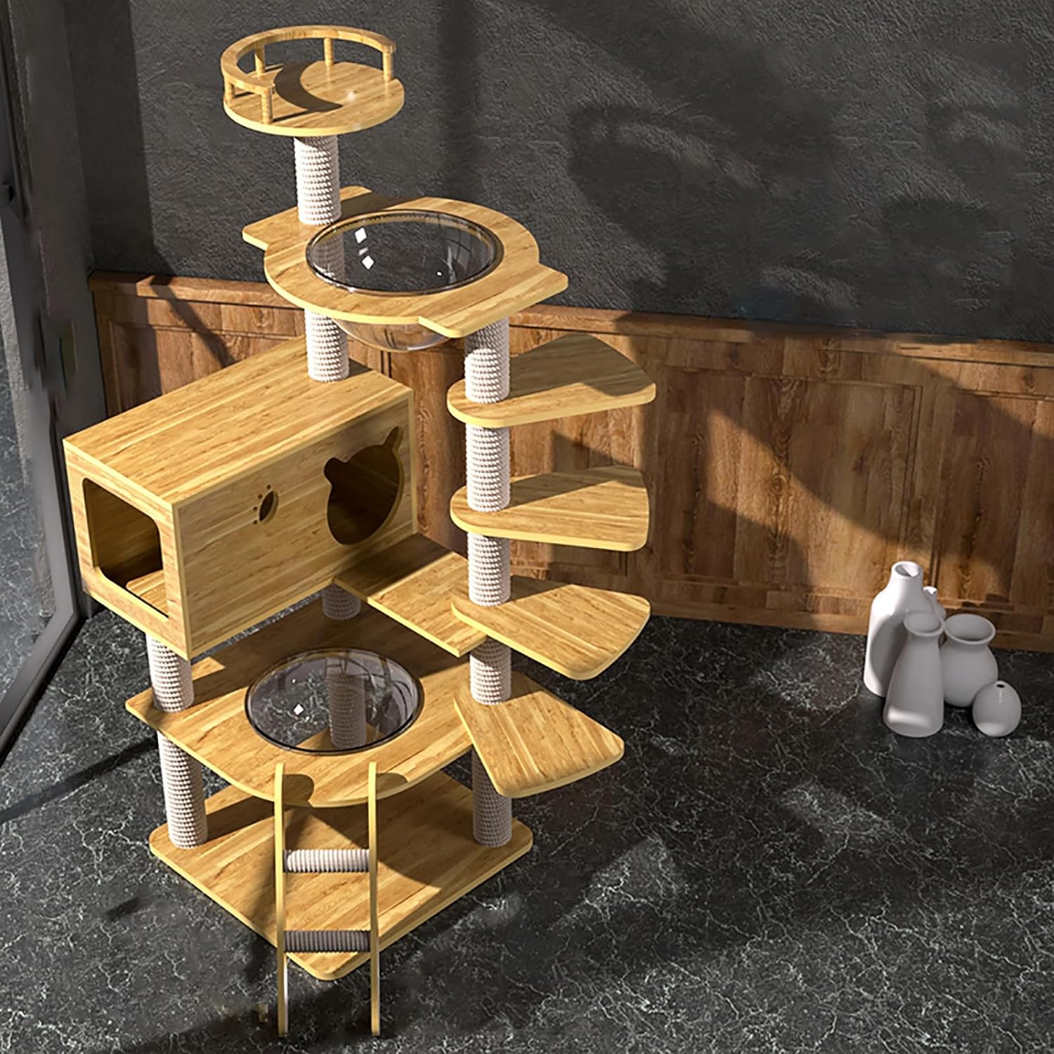 据え置き 多頭飼い 木目調 大型 猫ベッド 爪とぎボール 組み立て簡単 麻紐 据え置き木製 爪研ぎ 猫ハウス 透明宇宙船 大型猫頑丈